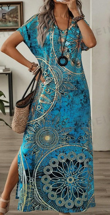 Vintage Floral Maxi Dress for Women - V Neck Batwing Sleeve Casual Summer Dress | AL Hussain