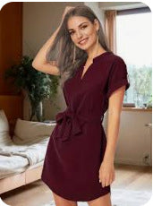 V Neck Summer Dress for Women - Belted Short Sleeve Bowknot Dress | AL Hussain