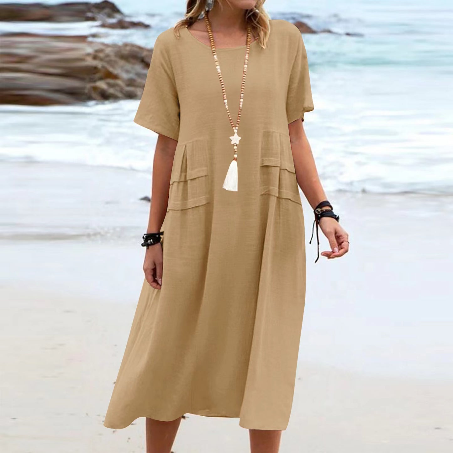Cotton Linen Midi Dress for Women - Loose Casual Short Sleeve Summer Beach Dress | AL Hussain