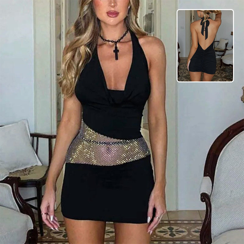 Sequin Mesh Mini Dress for Women - Deep U Neck Halter Slim Party Dress | AL Hussain