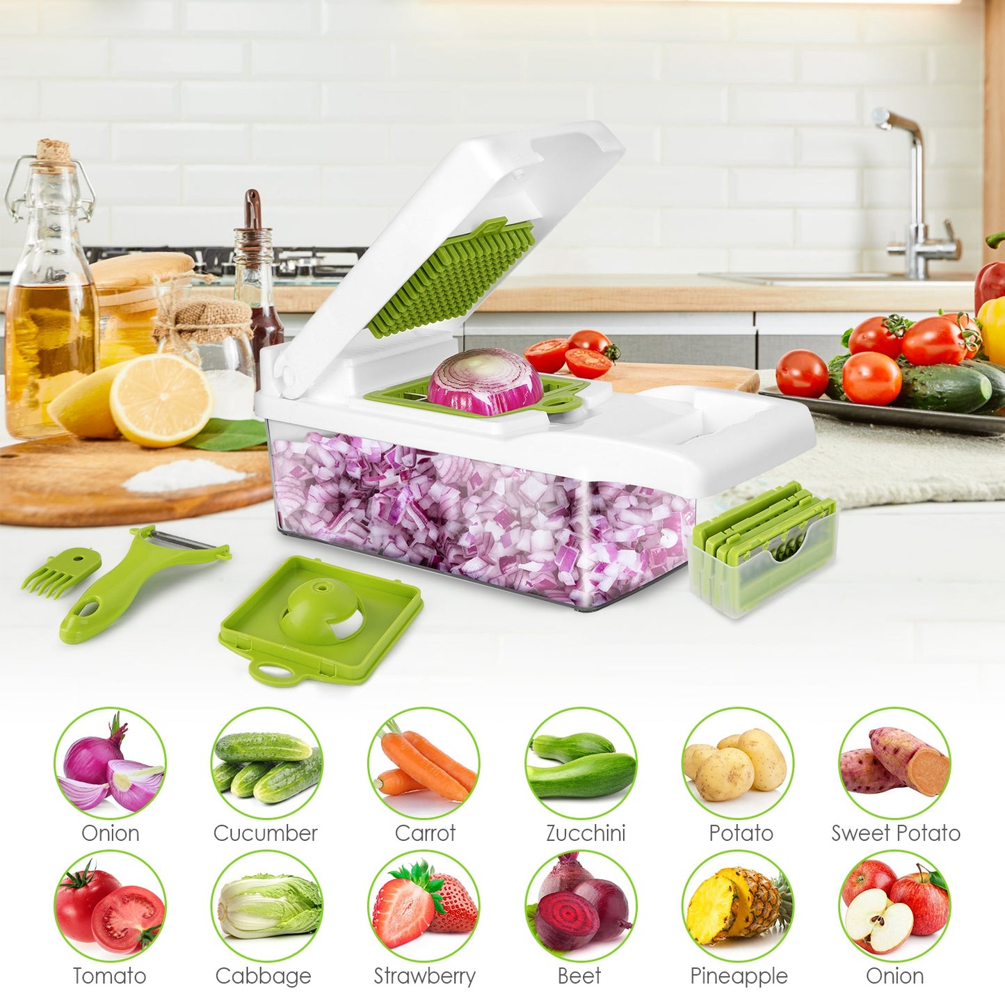 1 Set 12 In 1 Vegetable Chopper With Container Kitchen Food Slicer Dicer Grater Peeler Egg Separator Hand Protector For Onion Salad Potato