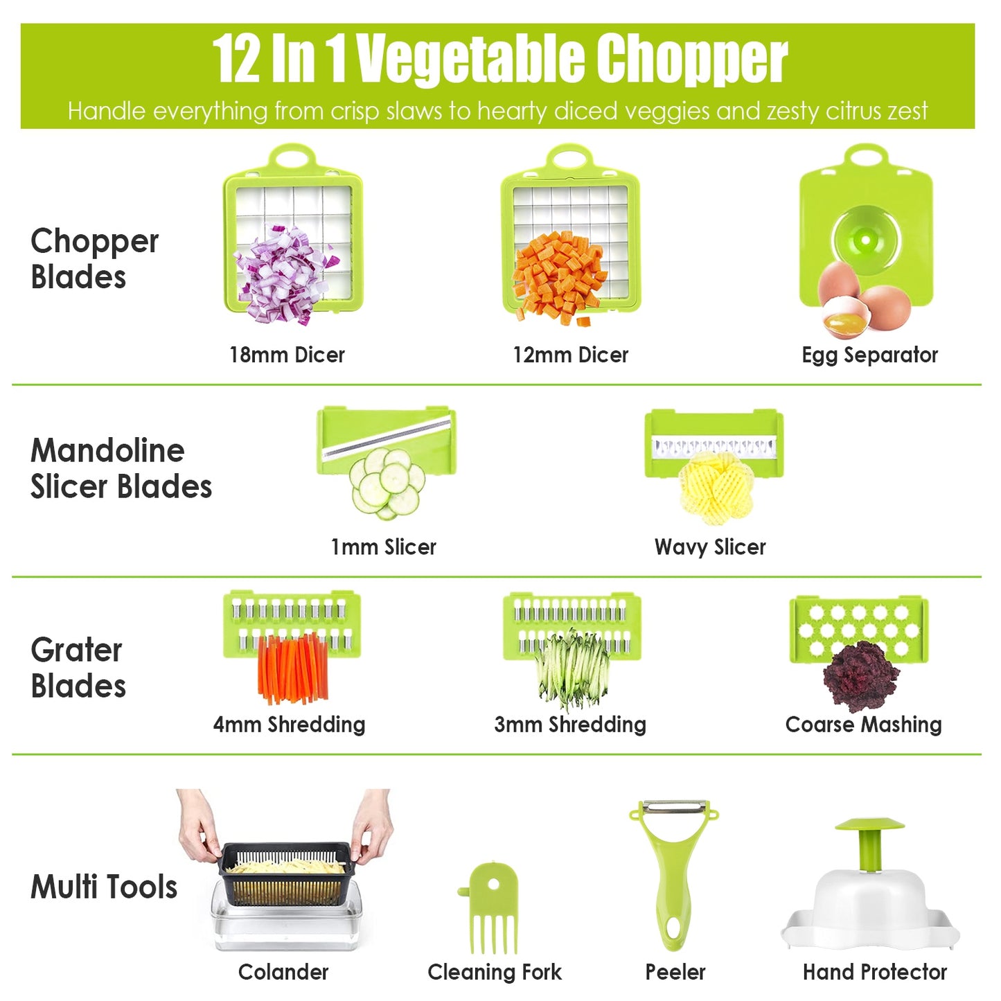 1 Set 12 In 1 Vegetable Chopper With Container Kitchen Food Slicer Dicer Grater Peeler Egg Separator Hand Protector For Onion Salad Potato