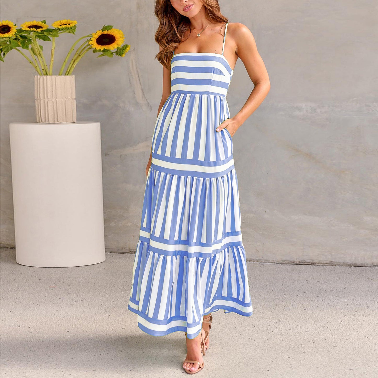 Striped Maxi Dress for Women - Square Neck Backless Beach Dress with Pockets | AL Hussain