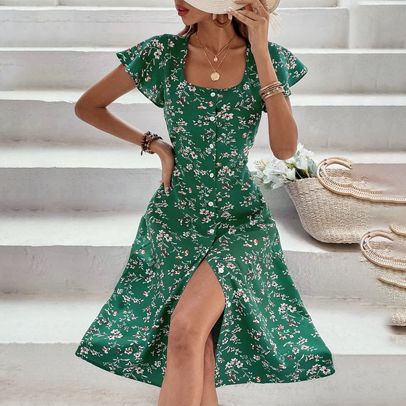 Floral Maxi Dress for Women - Button Up Split Bohemian Beach Dress | AL Hussain