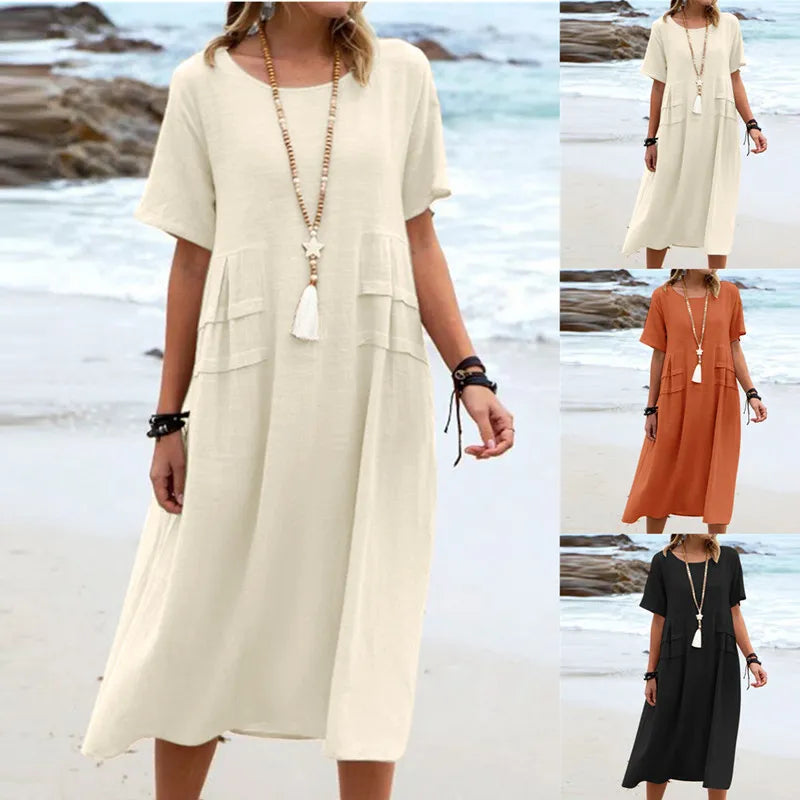 Cotton Linen Midi Dress for Women - Loose Casual Short Sleeve Summer Beach Dress | AL Hussain