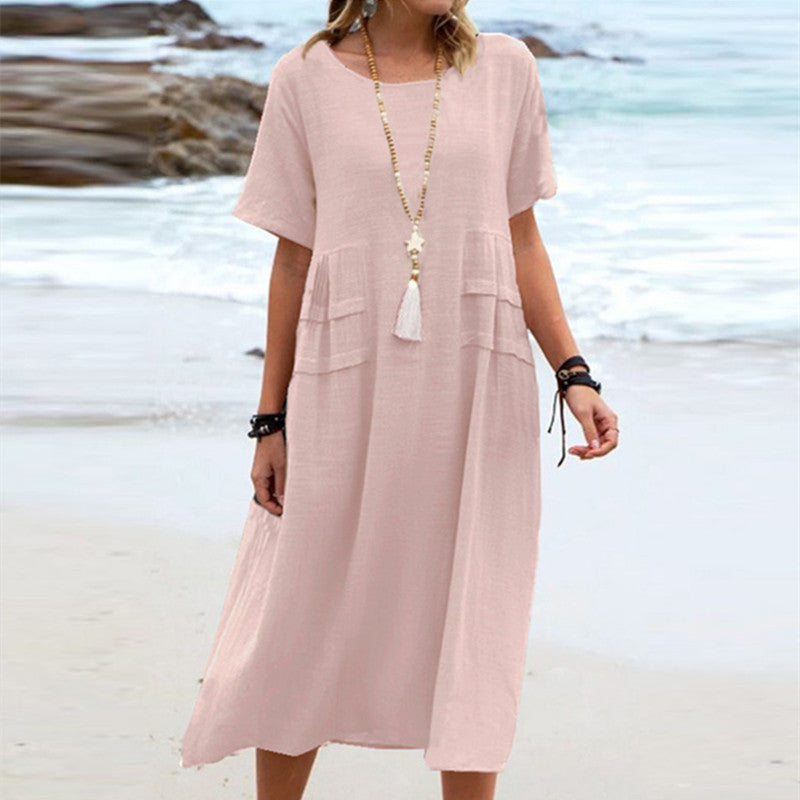 Cotton Linen Midi Dress for Women - Loose Casual Short Sleeve Summer Beach Dress | AL Hussain
