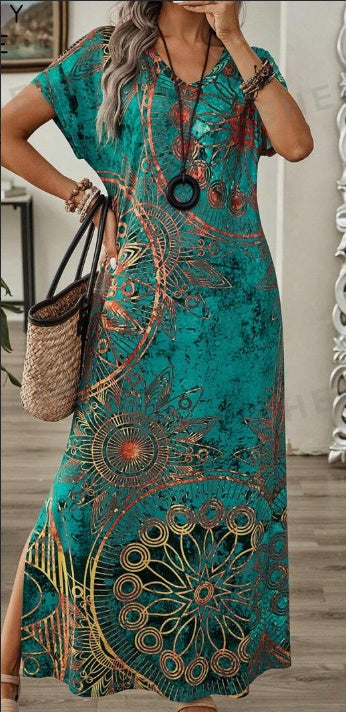 Vintage Floral Maxi Dress for Women - V Neck Batwing Sleeve Casual Summer Dress | AL Hussain