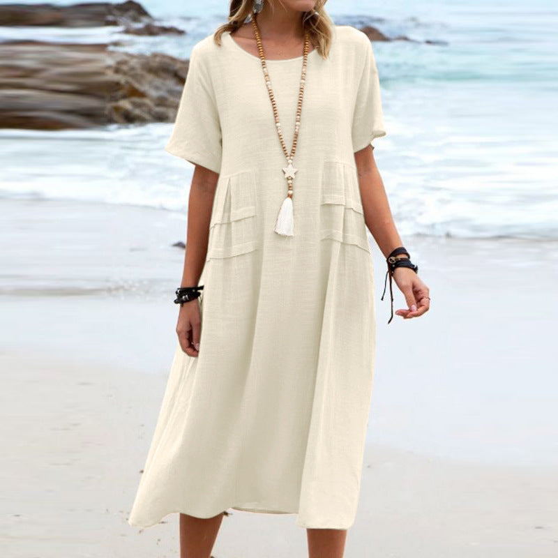 Cotton Linen Midi Dress for Women - Loose Casual Short Sleeve Summer Beach Dress | AL Hussain