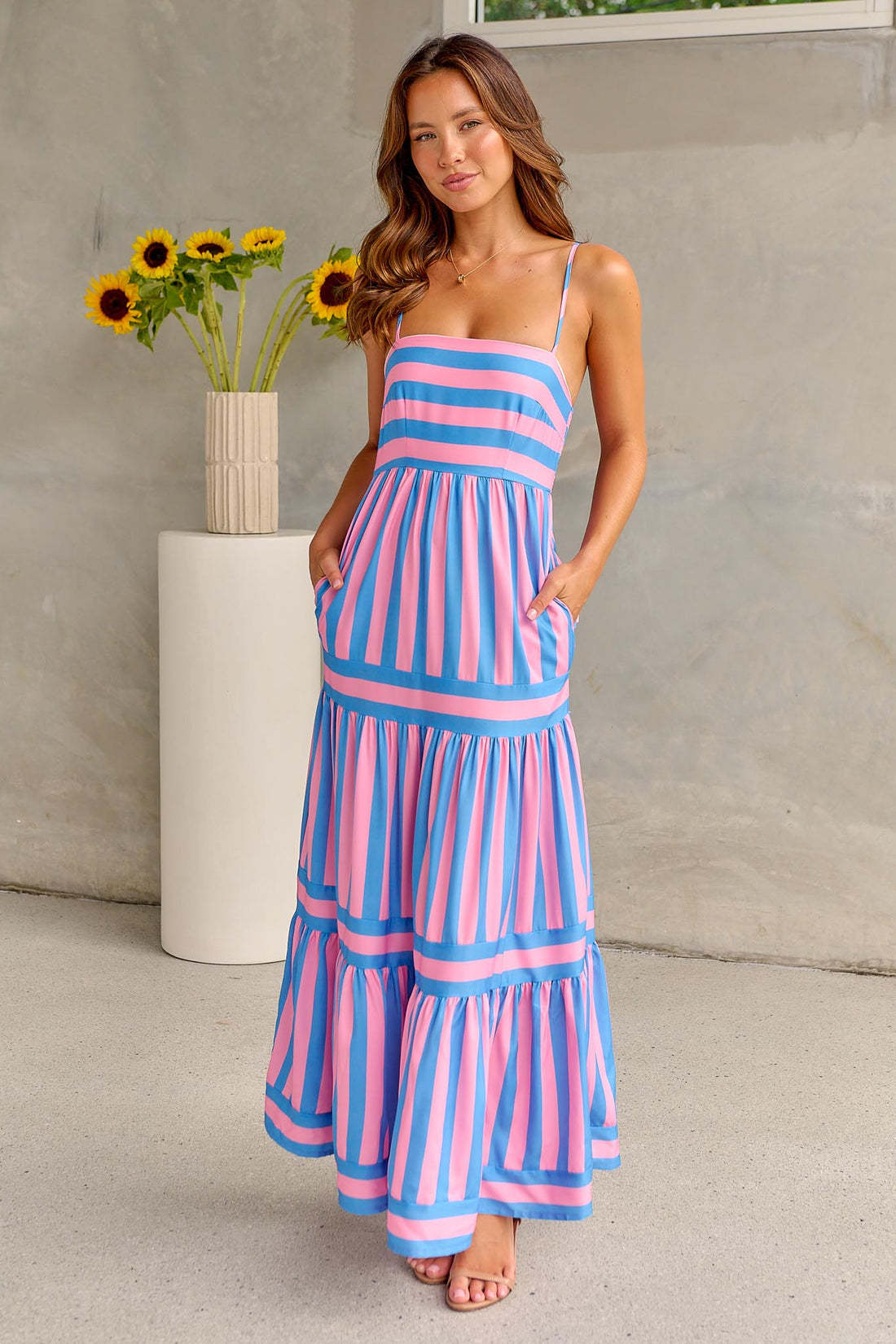 Striped Maxi Dress for Women - Square Neck Backless Beach Dress with Pockets | AL Hussain