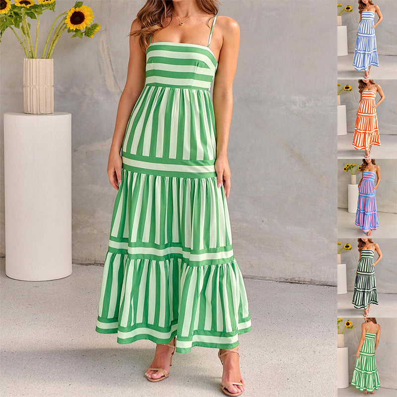 Striped Maxi Dress for Women - Square Neck Backless Beach Dress with Pockets | AL Hussain