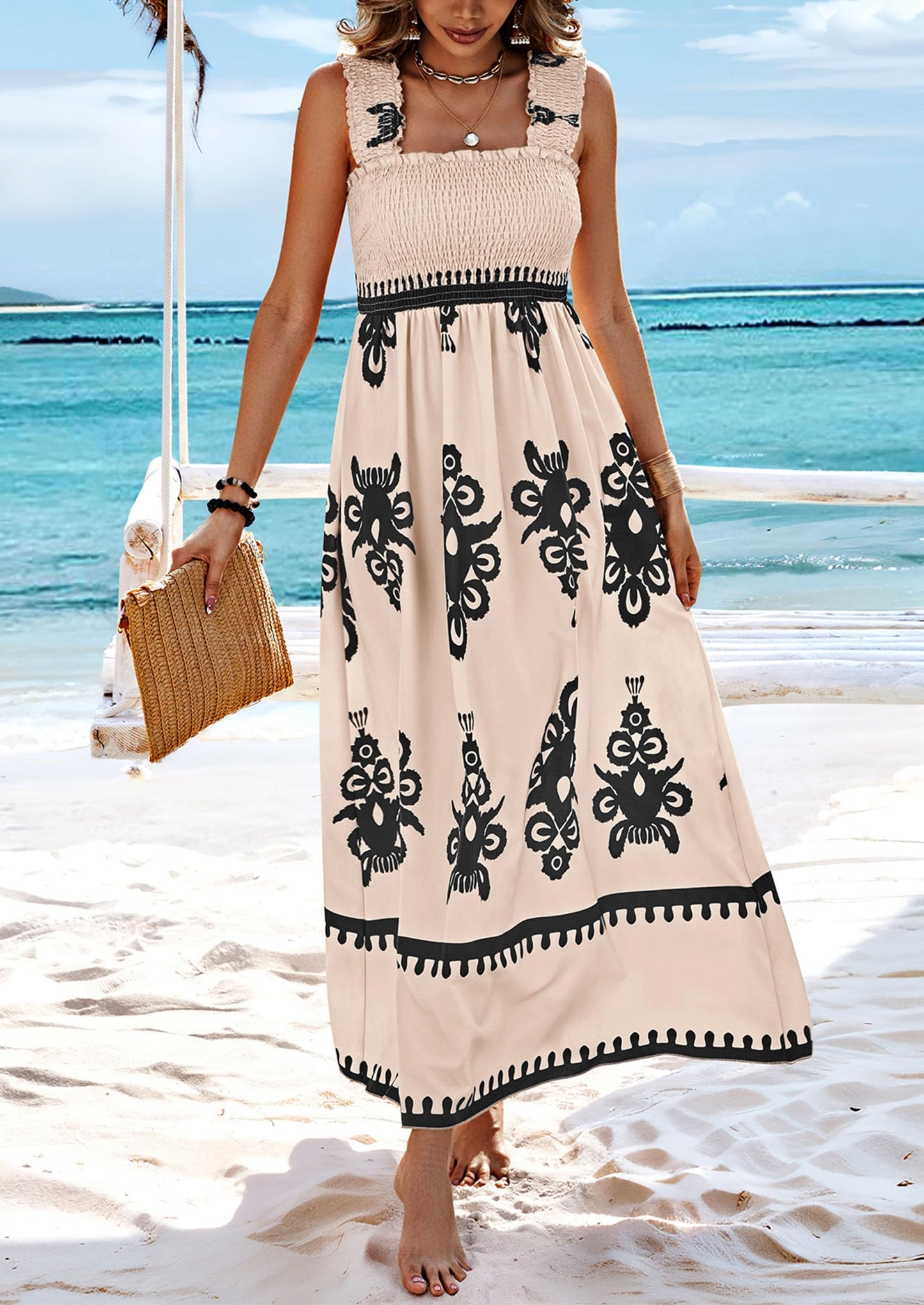 Square Neck Summer Dress for Women - Palace Style Printed Sleeveless Bodycon Slip Dress | AL Hussain