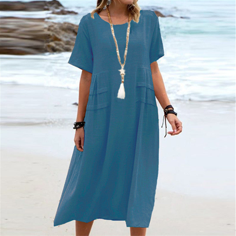 Cotton Linen Midi Dress for Women - Loose Casual Short Sleeve Summer Beach Dress | AL Hussain
