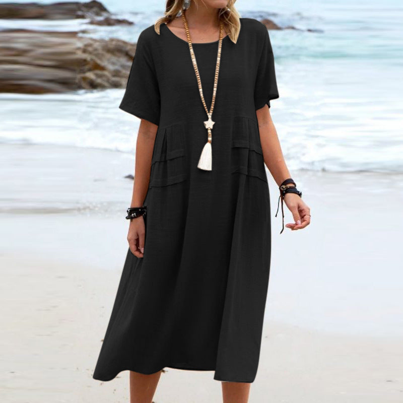 Cotton Linen Midi Dress for Women - Loose Casual Short Sleeve Summer Beach Dress | AL Hussain
