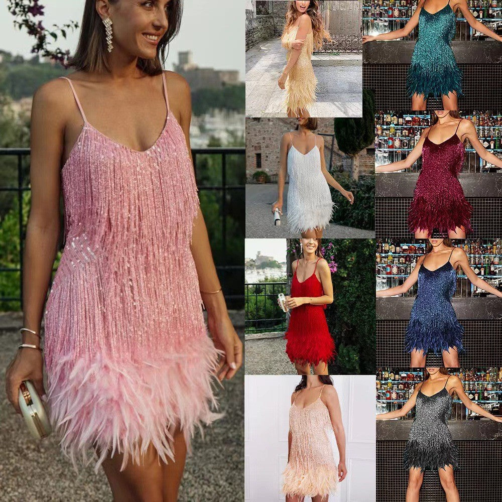 Sequin Tassel Mini Dress for Women - Feather V Neck Spaghetti Strap Party Dress | AL Hussain