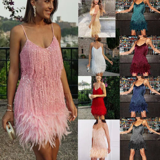 Sequin Tassel Mini Dress for Women - Feather V Neck Spaghetti Strap Party Dress | AL Hussain