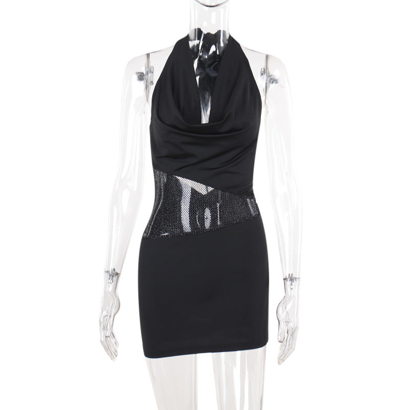 Sequin Mesh Mini Dress for Women - Deep U Neck Halter Slim Party Dress | AL Hussain