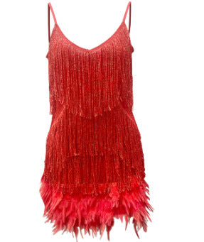 Sequin Tassel Mini Dress for Women - Feather V Neck Spaghetti Strap Party Dress | AL Hussain