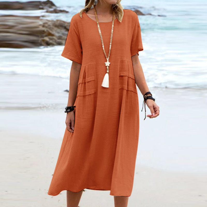 Cotton Linen Midi Dress for Women - Loose Casual Short Sleeve Summer Beach Dress | AL Hussain