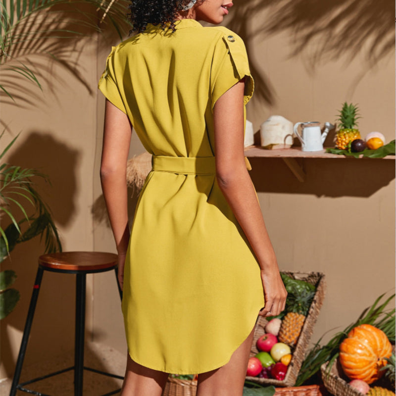 V Neck Summer Dress for Women - Belted Short Sleeve Bowknot Dress | AL Hussain