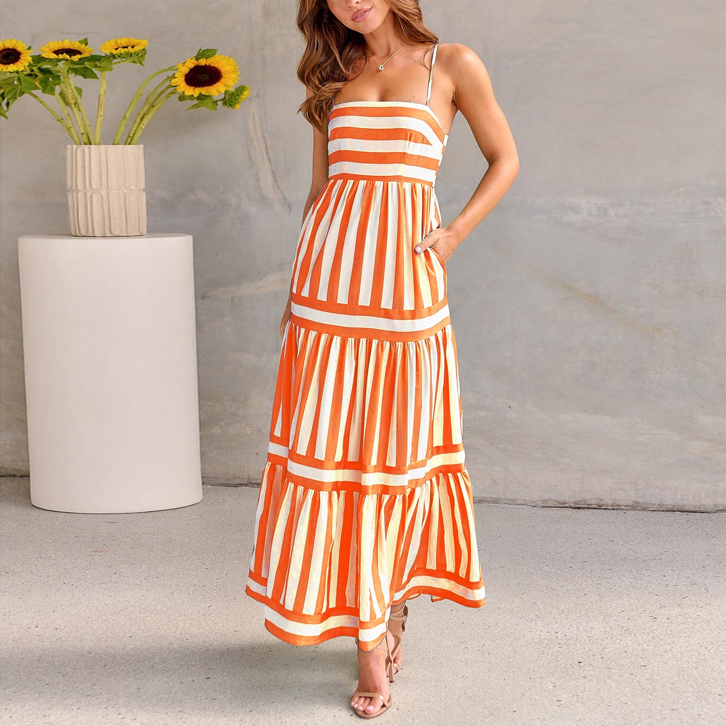 Striped Maxi Dress for Women - Square Neck Backless Beach Dress with Pockets | AL Hussain