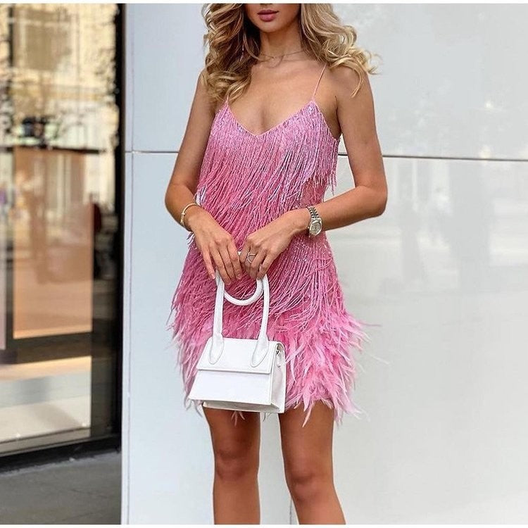 Sequin Tassel Mini Dress for Women - Feather V Neck Spaghetti Strap Party Dress | AL Hussain