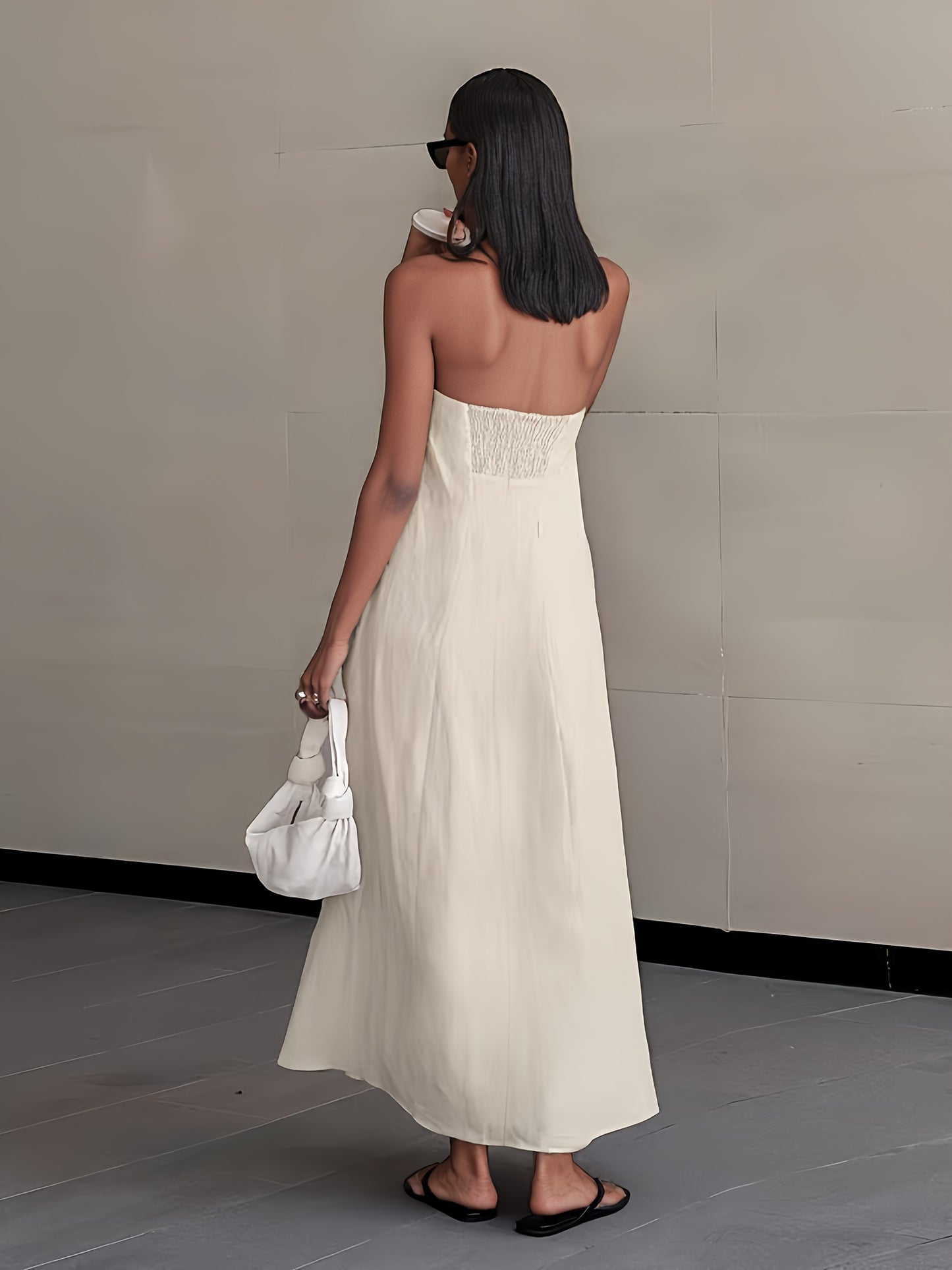 2026 NEW SUMMER Linen Women's High-Waisted Strapless Backless Patchwork Pocket Dress Lightweight Casual Vacation Dress With Smooth Texture, Solid Color Long Dress For Summer