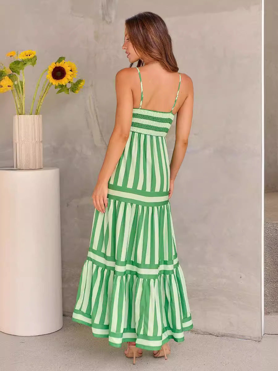 Striped Maxi Dress for Women - Square Neck Backless Beach Dress with Pockets | AL Hussain