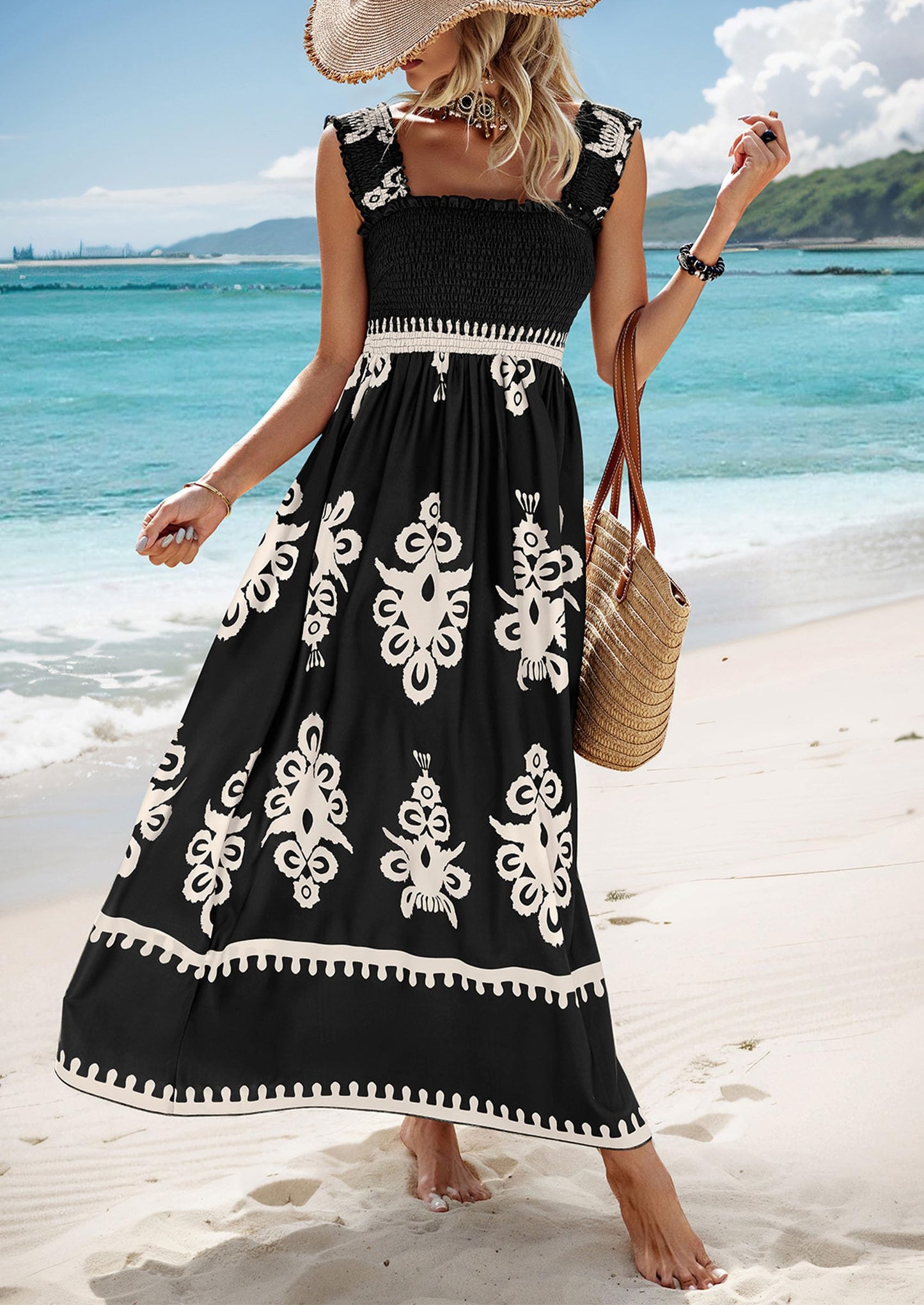Square Neck Summer Dress for Women - Palace Style Printed Sleeveless Bodycon Slip Dress | AL Hussain