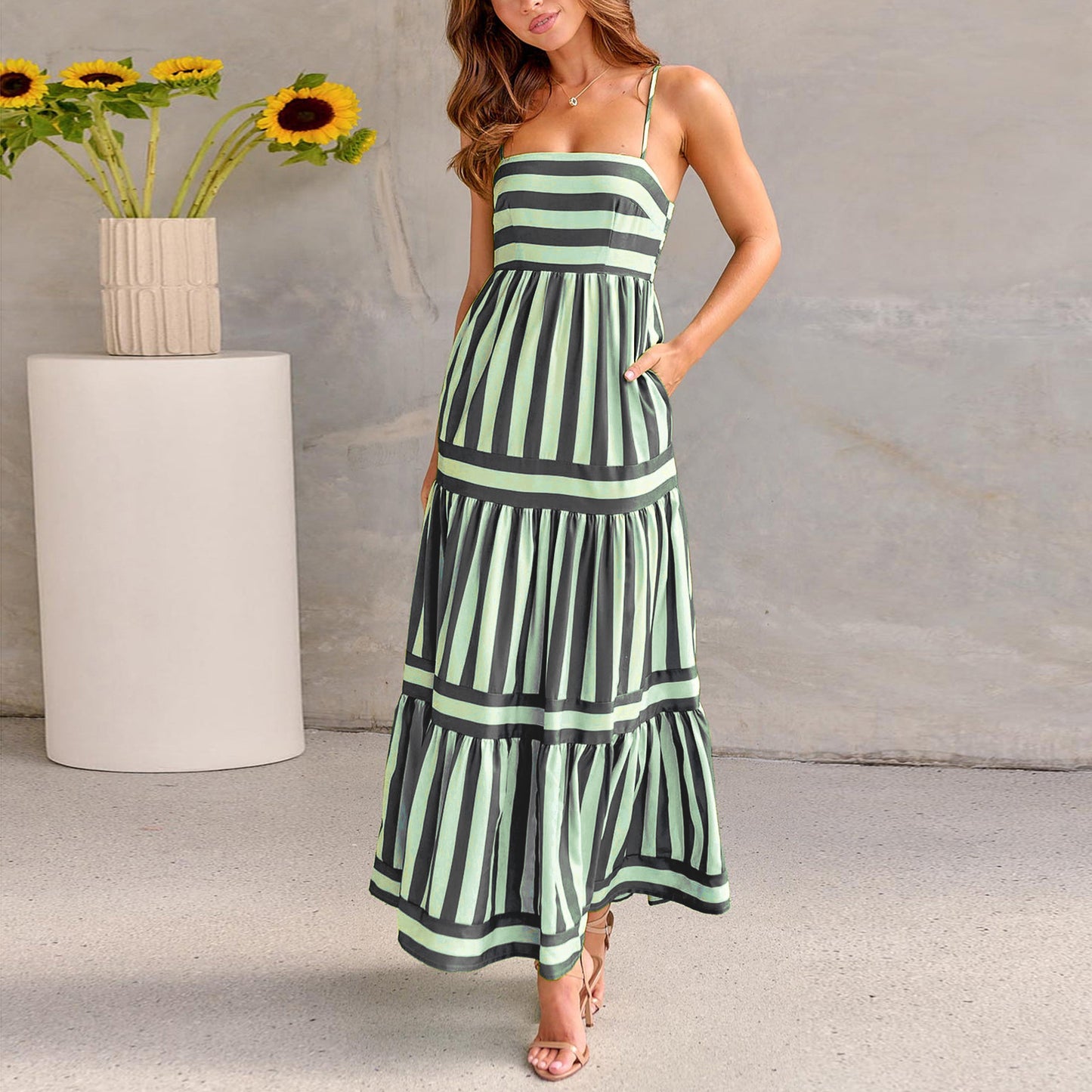 Striped Maxi Dress for Women - Square Neck Backless Beach Dress with Pockets | AL Hussain