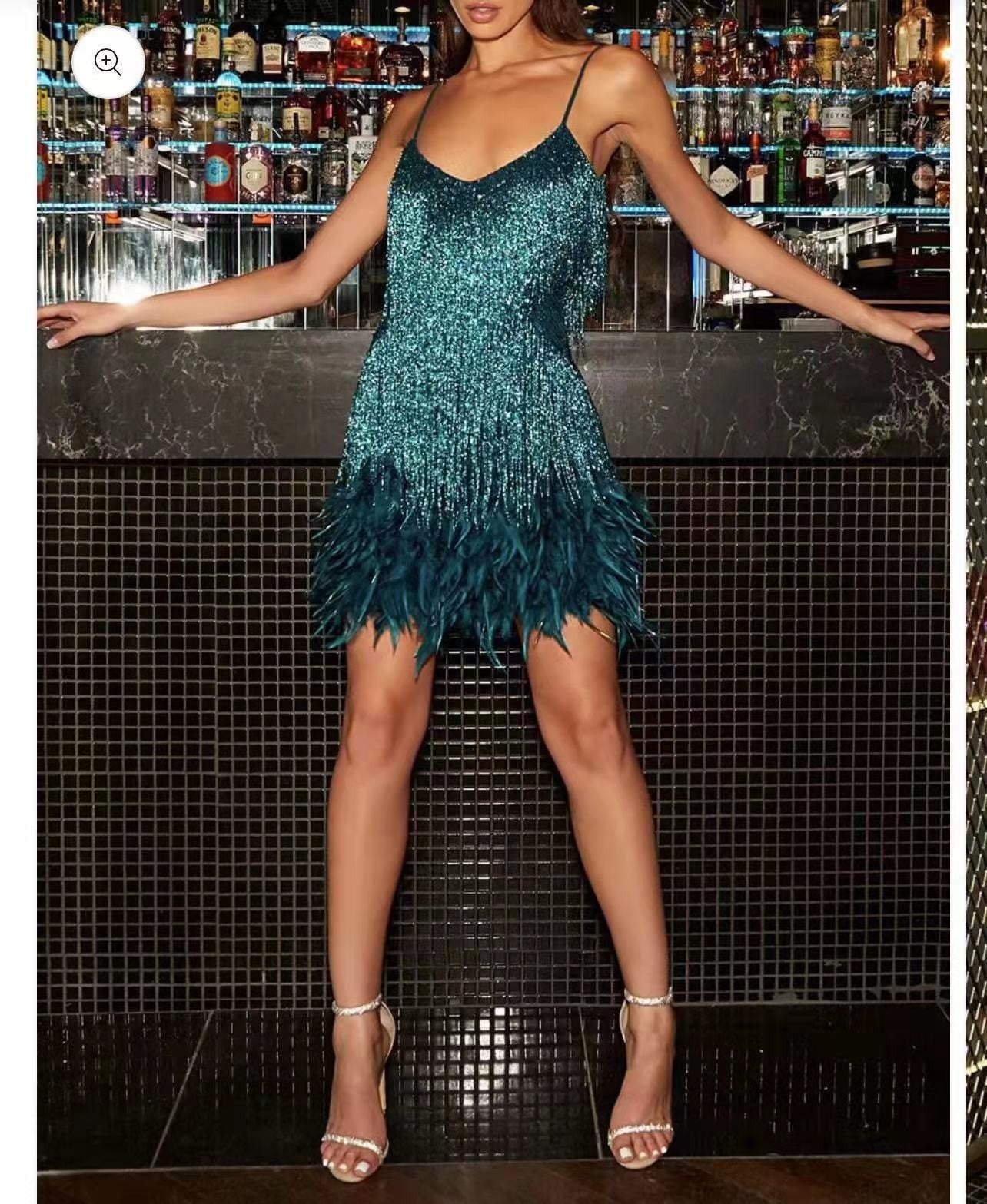 Sequin Tassel Mini Dress for Women - Feather V Neck Spaghetti Strap Party Dress | AL Hussain