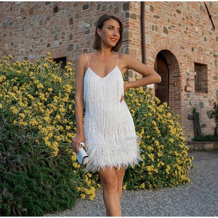 Sequin Tassel Mini Dress for Women - Feather V Neck Spaghetti Strap Party Dress | AL Hussain