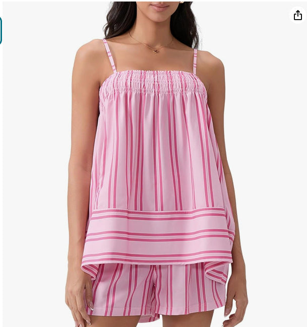 Striped Fresh Style Camisole And Ruched Shorts Set
