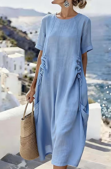 Cotton Linen Midi Dress for Women - Loose Casual Short Sleeve Summer Beach Dress | AL Hussain