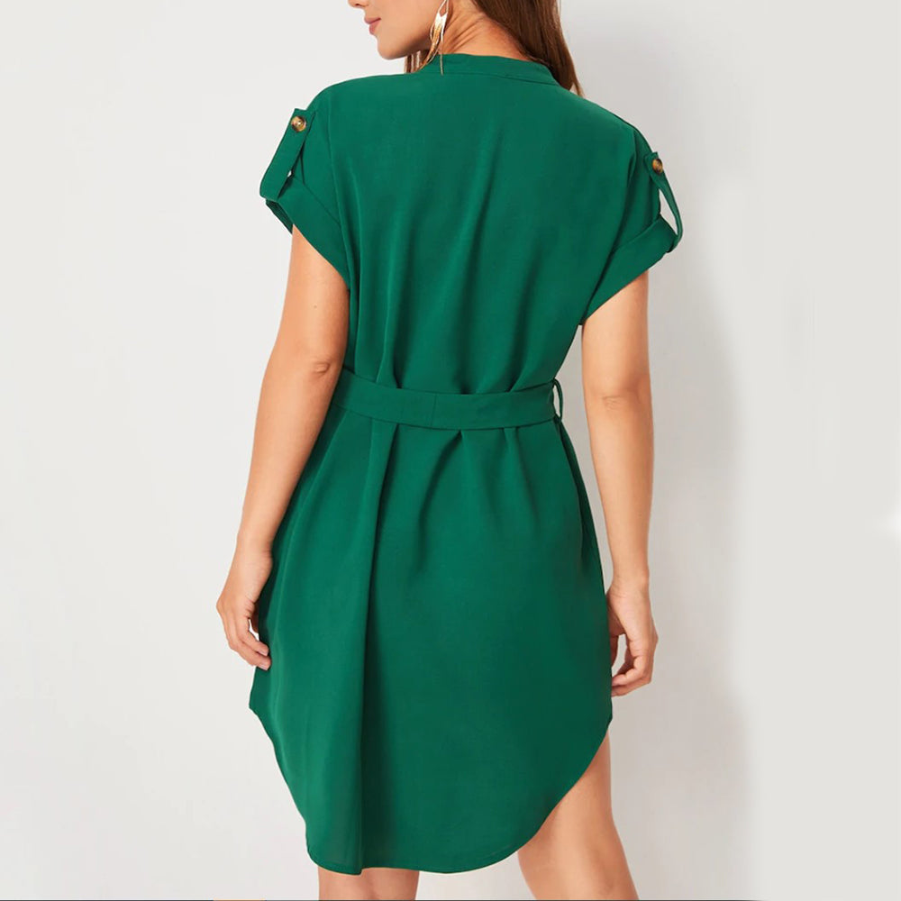 V Neck Summer Dress for Women - Belted Short Sleeve Bowknot Dress | AL Hussain