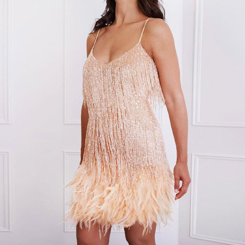 Sequin Tassel Mini Dress for Women - Feather V Neck Spaghetti Strap Party Dress | AL Hussain