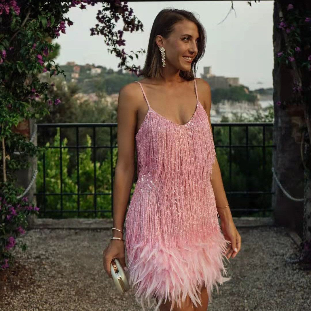 Sequin Tassel Mini Dress for Women - Feather V Neck Spaghetti Strap Party Dress | AL Hussain