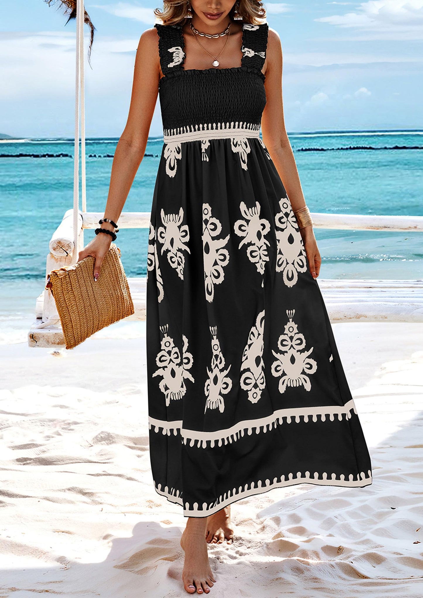 Square Neck Summer Dress for Women - Palace Style Printed Sleeveless Bodycon Slip Dress | AL Hussain