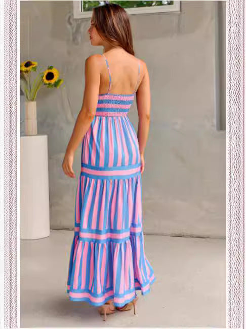 Striped Maxi Dress for Women - Square Neck Backless Beach Dress with Pockets | AL Hussain