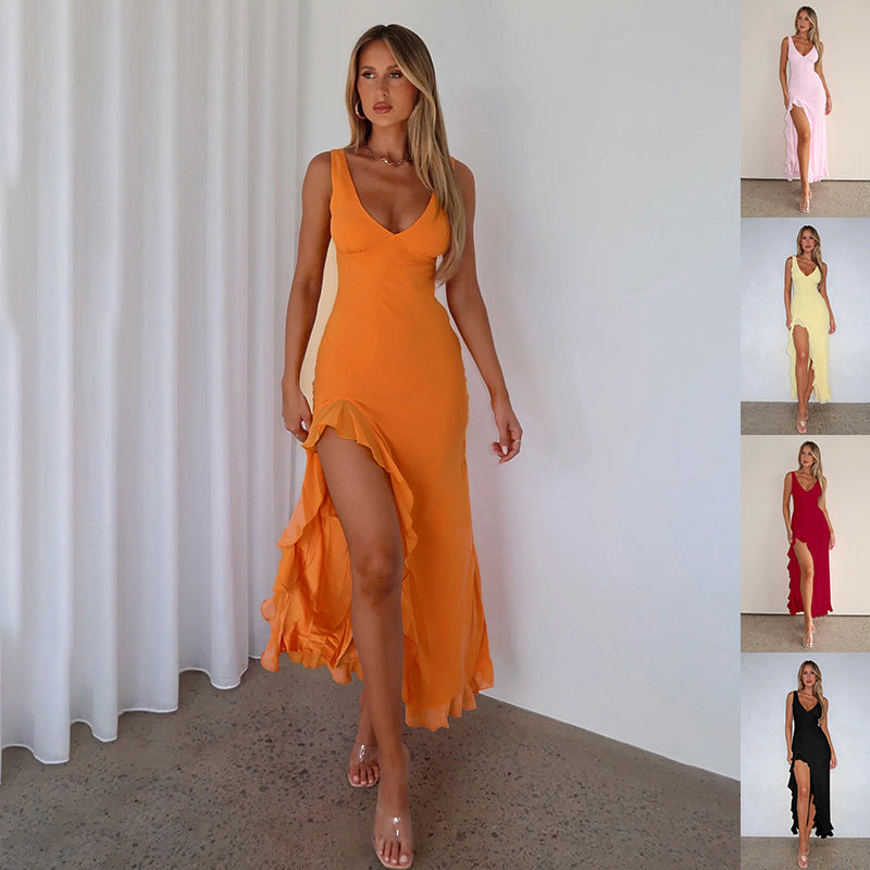 Ruffle Split Dress for Women - Slim Fit V Neck Suspender Evening Party Dress | AL Hussain