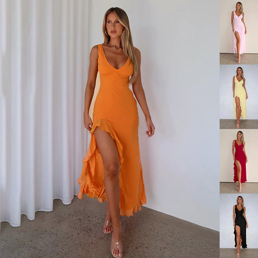 Ruffle Split Dress for Women - Slim Fit V Neck Suspender Evening Party Dress | AL Hussain